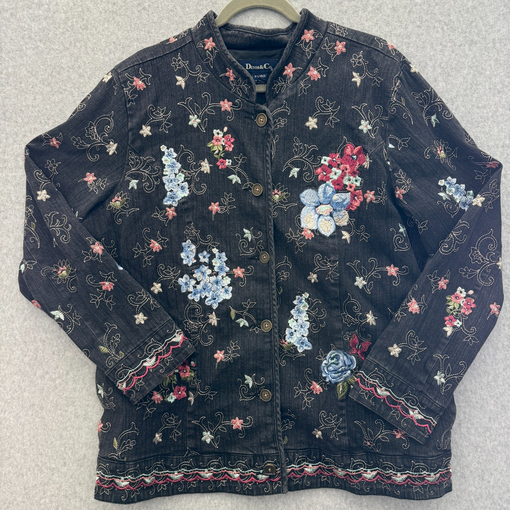 Denim & Co Embroidered Denim Jacket Women's XL Black Floral Boho Cottagecore